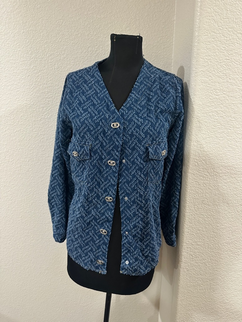 Blue V-Neck Button Front Women's Jacket